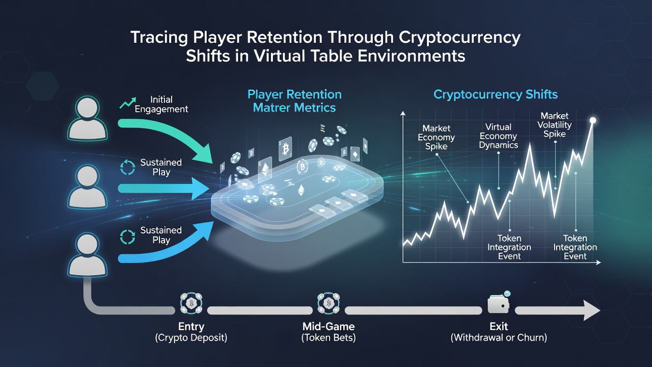 Analytics dashboard displaying retention curves for cryptocurrency versus traditional payment users in virtual poker rooms